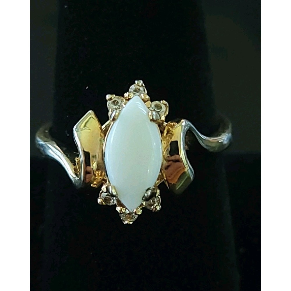 Vintage SETA White Cabochon Rhinestone Cocktail Ring Size 10 Signed Two Tone